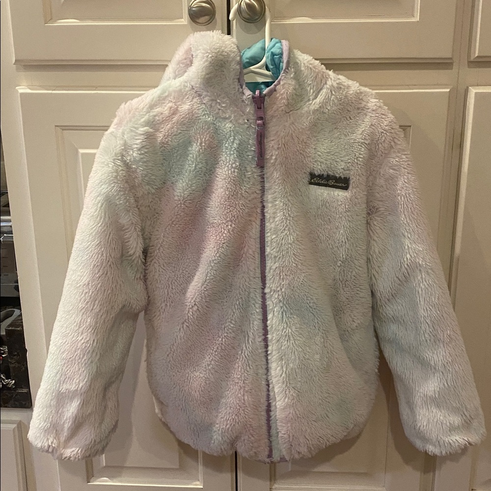 EDDIE BAUER Girls Youth XS 5-6 Reversible Plush Hoodie Zip Jacket Aqua Multi - Picture 5 of 8